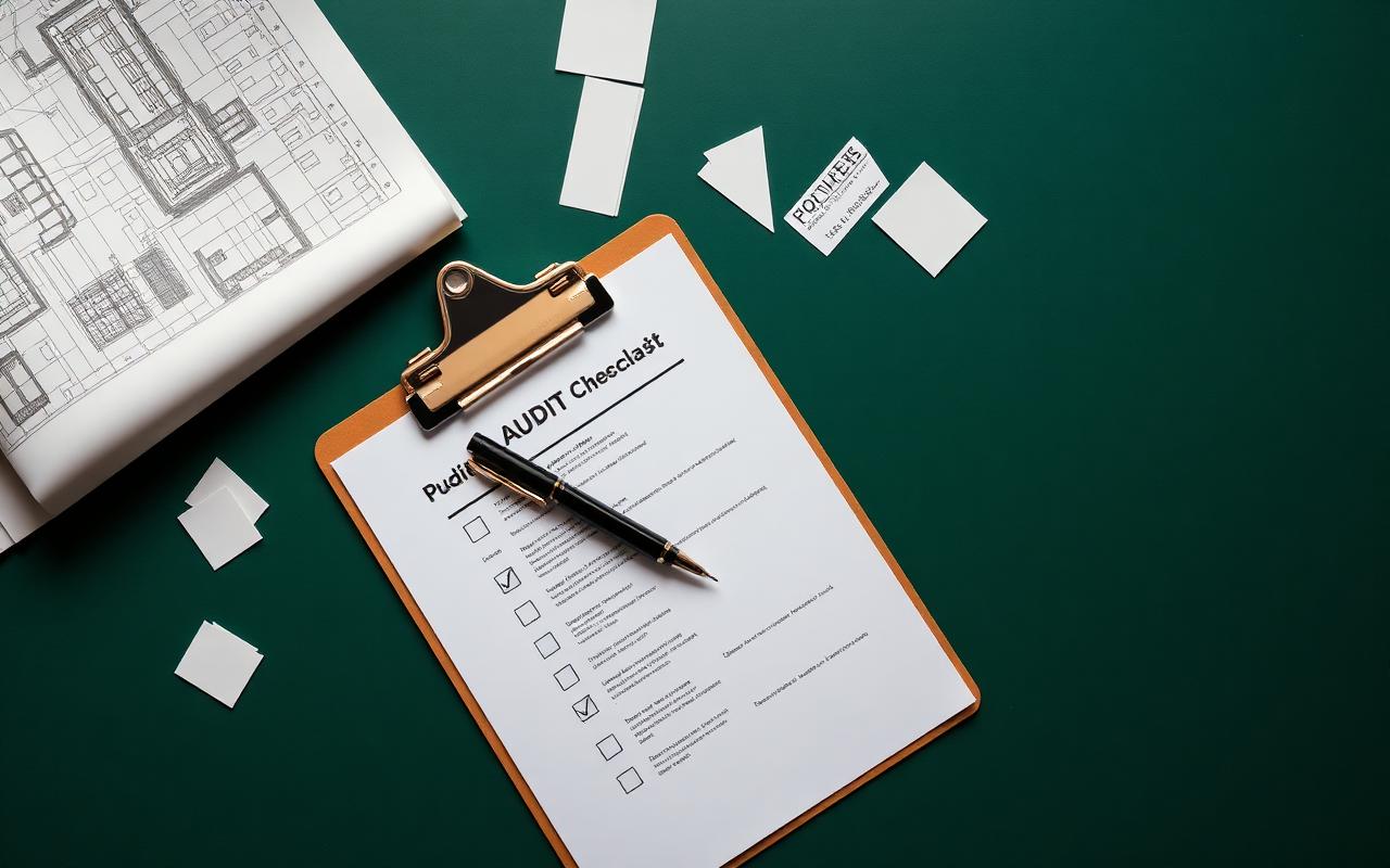 Prancheta com checklist técnico de auditoria sobre superfície verde profundo